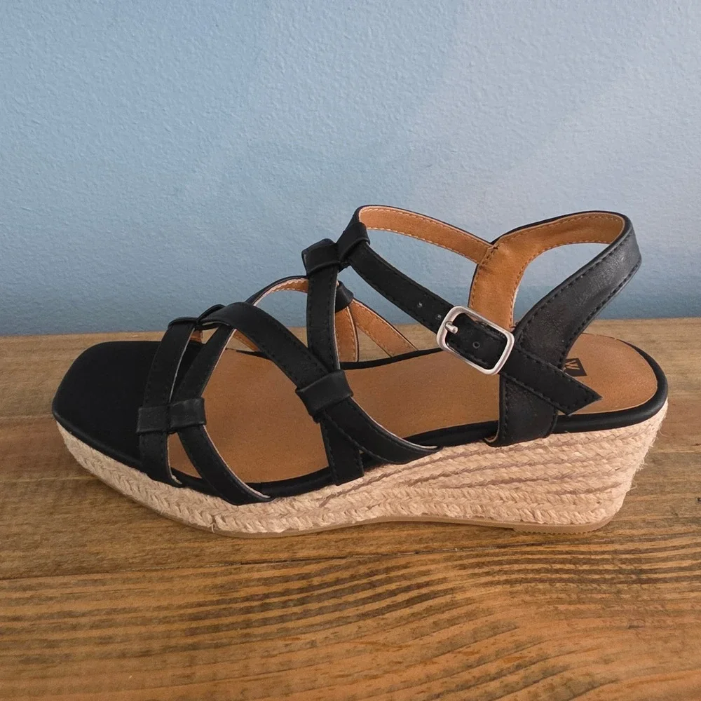 White‎ Mountain Womens Swayze Espadrille Wedge Sandal Black Strappy Buckle 6.5